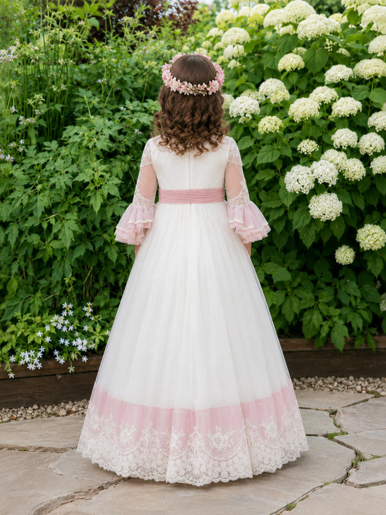 Vintage White and Pink Lace First Communion A-Line Flower Girl Dresses, FG1473