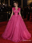 Hot Pink Deep V Pleated Tulle A-Line Formal Gown,PD4316