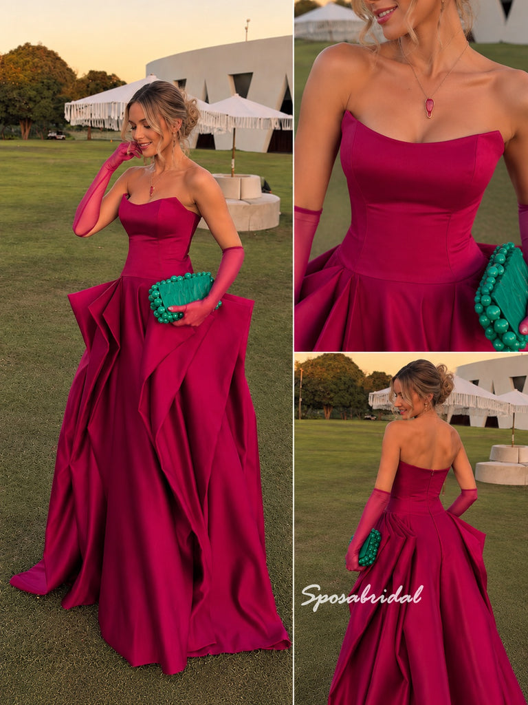 Strapless Draped Mikado Satin Evening Dress, Dramatic Ruffle Skirt Magenta Formal Gown,PD4382
