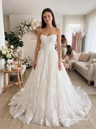 Ivory Lace Strapless Sweetheart A-Line Wedding Dress With Scalloped Lace Train,WD3136