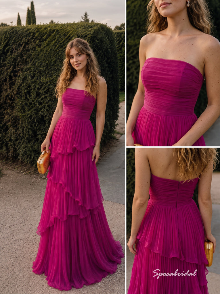 Fuchsia Chiffon Strapless Tube Neck Ruched Bodice Tiered A Line Floor Length Evening Dress,PD4320