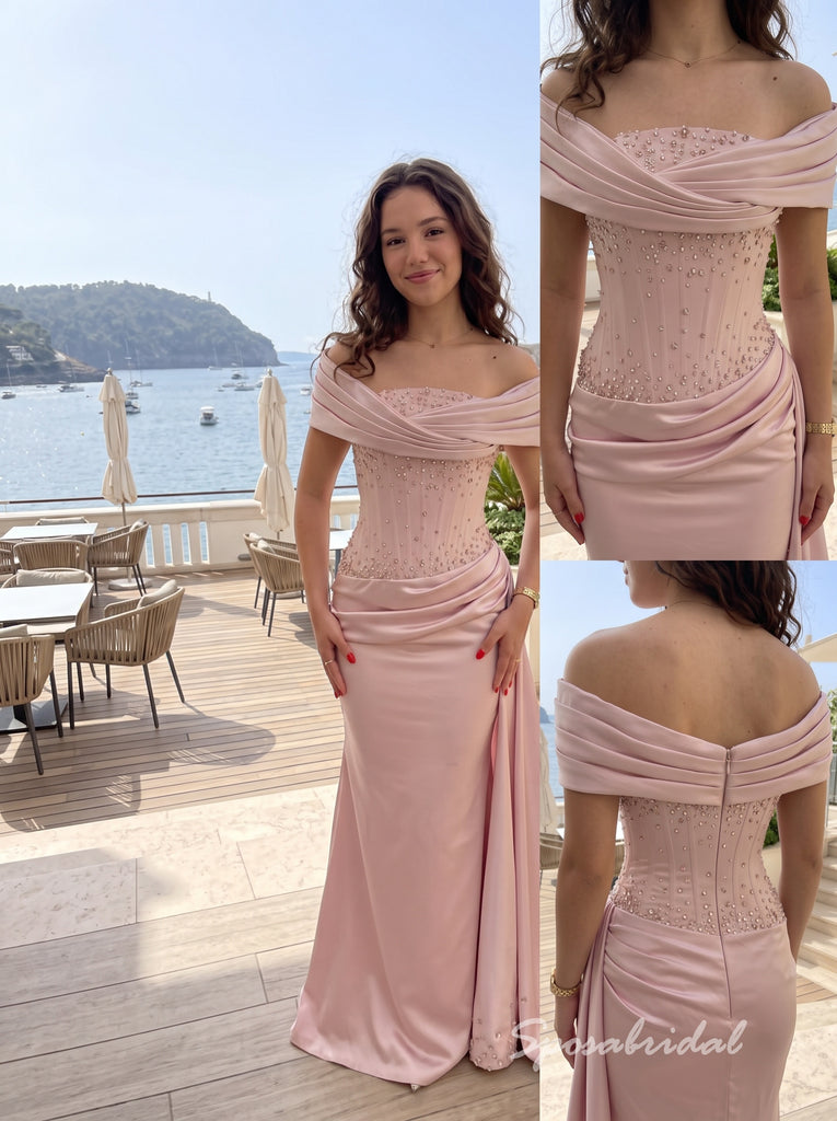 Blush Pink Beaded & Satin Off The Shoulder Corset Mermaid Floor Length Evening Dress,PD4327