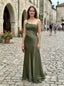 Olive Green Satin One Shoulder Beaded Mesh Mermaid Dress,PD4313