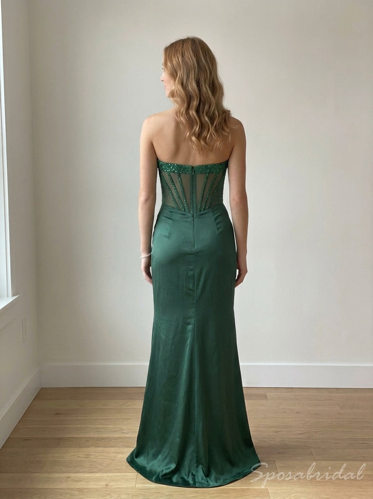 Dark Green Satin Strapless Beaded Corset Mermaid Dress,PD4309