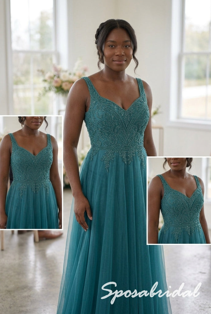 Teal Tulle Beaded V-Neck Sleeveless Floor Length A-Line Bridesmaid Gown, BD3484