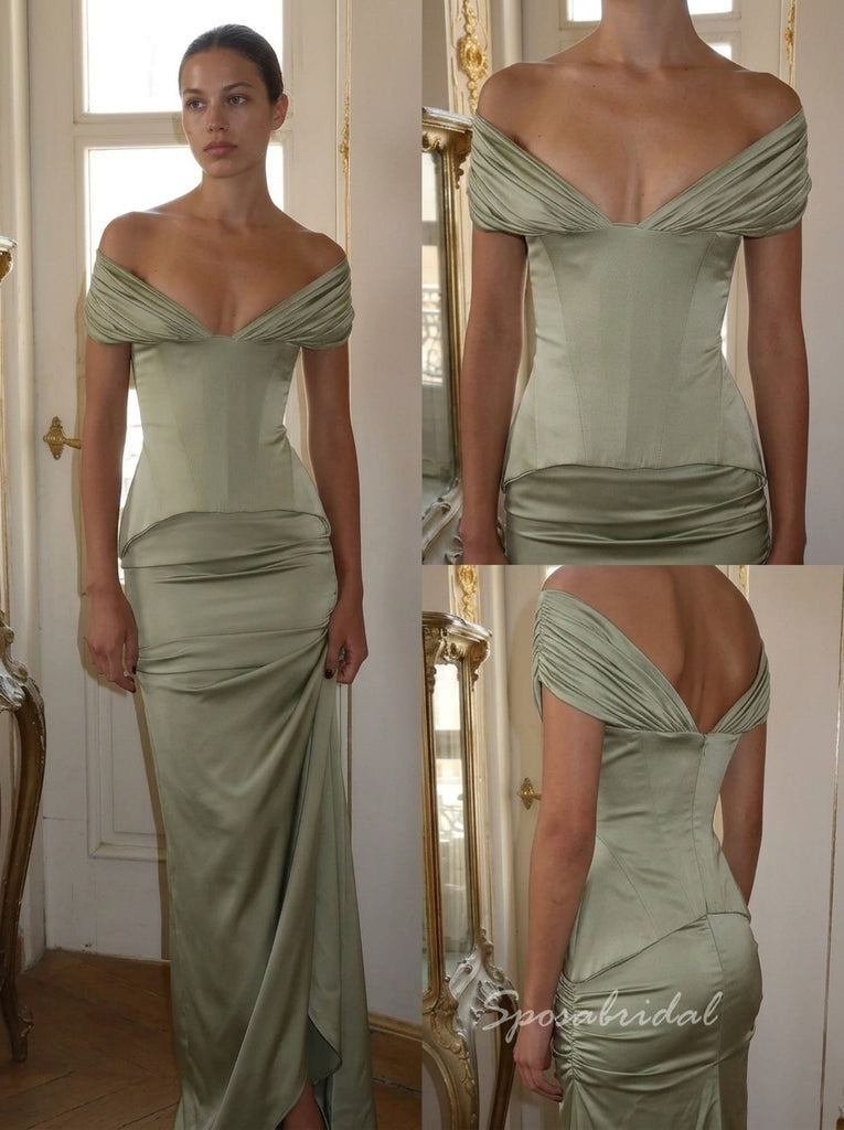 Sage Green Satin Off The Shoulder Corset Ruched Mermaid Dress,PD4311