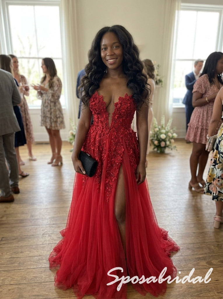 Red Tulle 3D Floral Beaded Deep V High Slit Floor Length A-Line Prom dress, PD4293