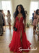 Red Tulle 3D Floral Beaded Deep V High Slit Floor Length A-Line Prom dress, PD4293