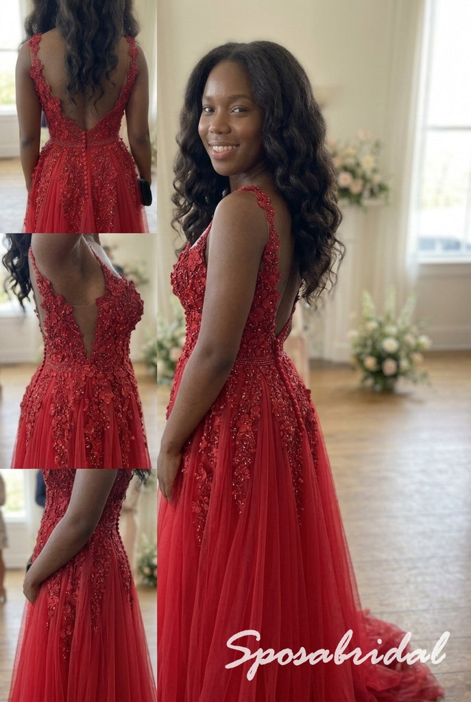 Red Tulle 3D Floral Beaded Deep V High Slit Floor Length A-Line Prom dress, PD4293