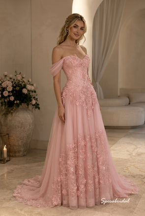 Blush Tulle Off The Shoulder Sweetheart 3D Floral Sequin Corset Bodice A Line Floor Length Evening Dress,PD4322