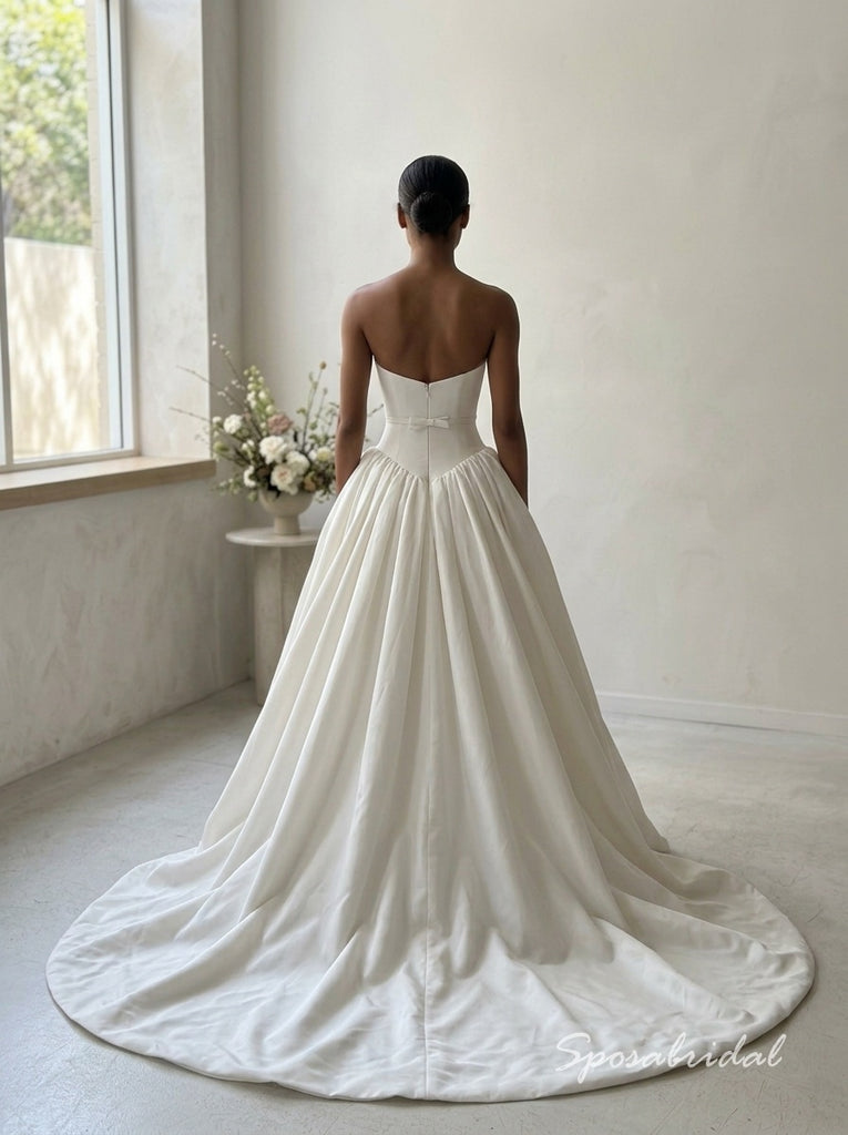 Strapless Satin Sweetheart Ball Gown Wedding Dress with Waist Bow ,WD3131