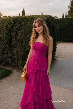 Fuchsia Chiffon Strapless Tube Neck Ruched Bodice Tiered A Line Floor Length Evening Dress,PD4320