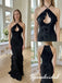 Black Floral Burnout Chiffon Ruffled Halter Keyhole Floor Length Mermaid Evening Gown, PD4292