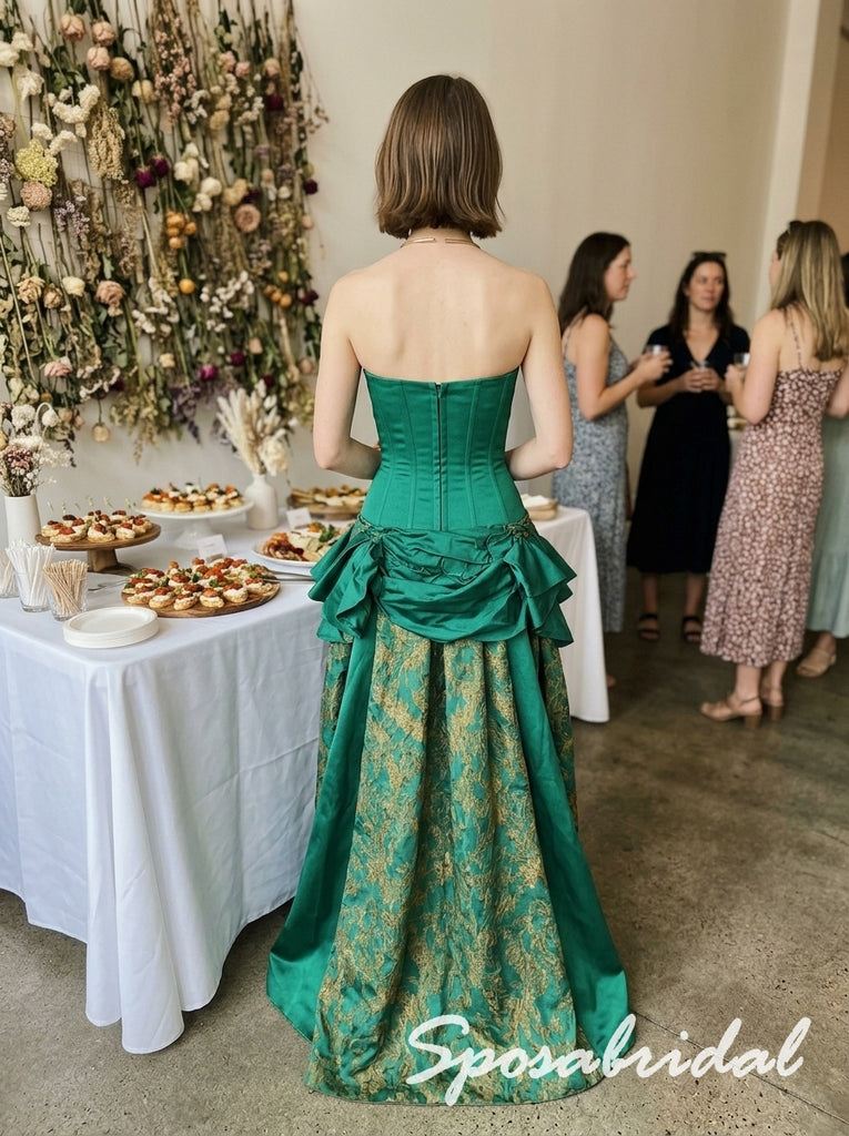 Emerald Green Satin Jacquard Strapless Corset Ruffled Floor Length A-Line Prom dress, PD4294