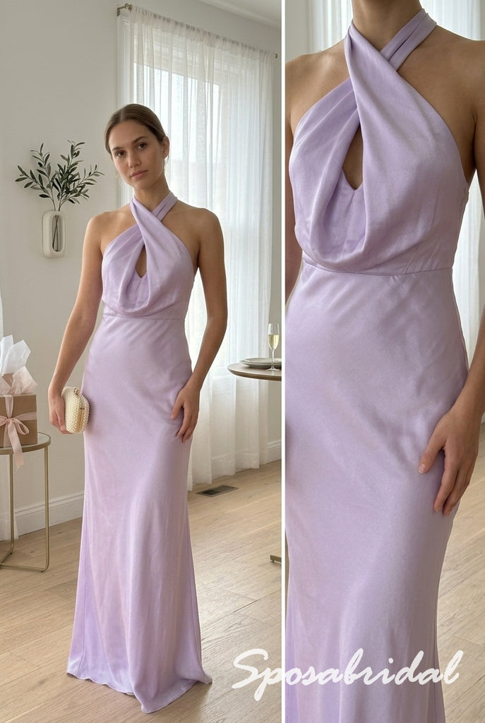Lavender Satin Draped Halter Keyhole Floor Length Column Evening Gown, PD4296