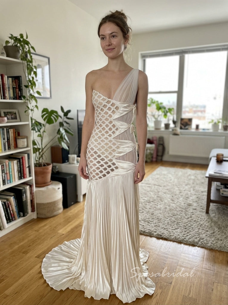 Ivory One Shoulder Satin Cutout Pleated Mermaid Dress,PD4312
