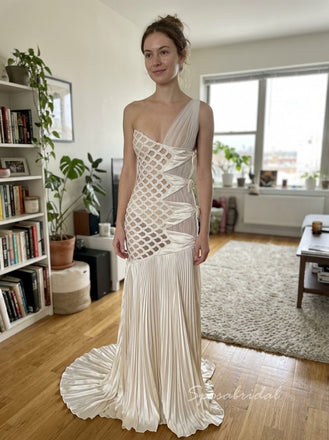 Ivory One Shoulder Satin Cutout Pleated Mermaid Dress,PD4312