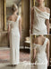 Glam Asymmetric Off The Shoulder Ivory Crepe Corset Mermaid Formal Wedding Dress,PD4308