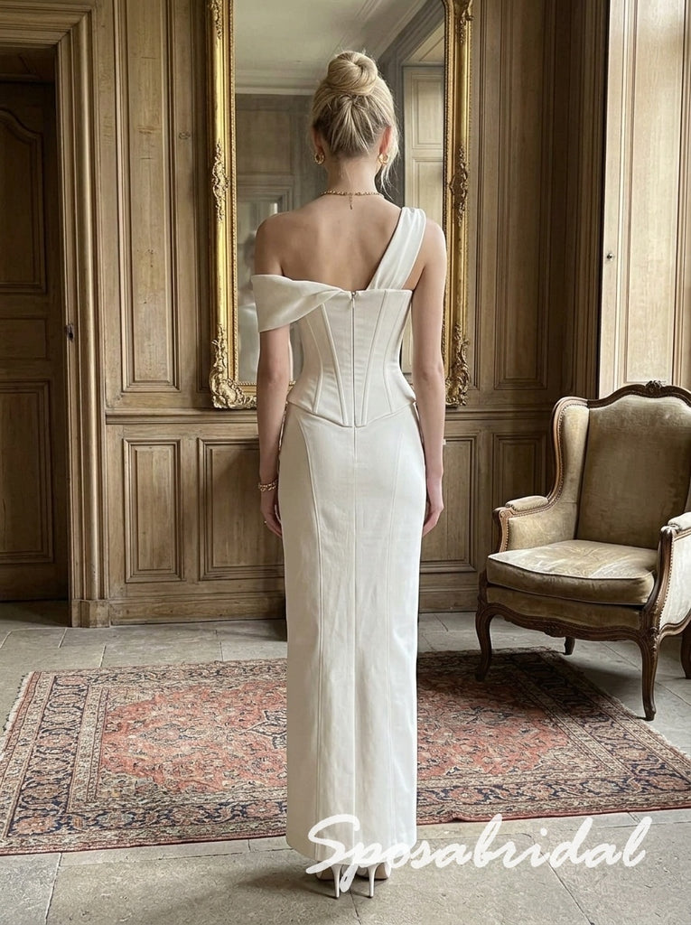 Glam Asymmetric Off The Shoulder Ivory Crepe Corset Mermaid Formal Wedding Dress,PD4308
