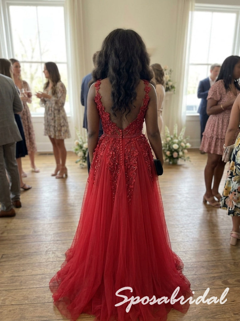 Red Tulle 3D Floral Beaded Deep V High Slit Floor Length A-Line Prom dress, PD4293
