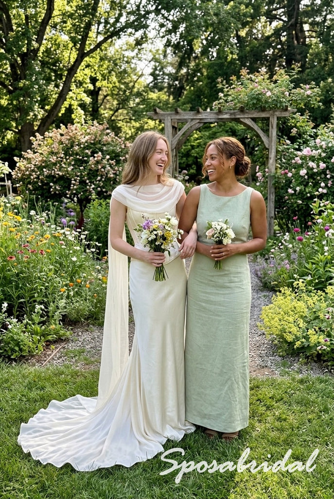 Ivory Satin Draped Cowl Corset Cape Sleeve Floor Length Prom Dress, PD4295