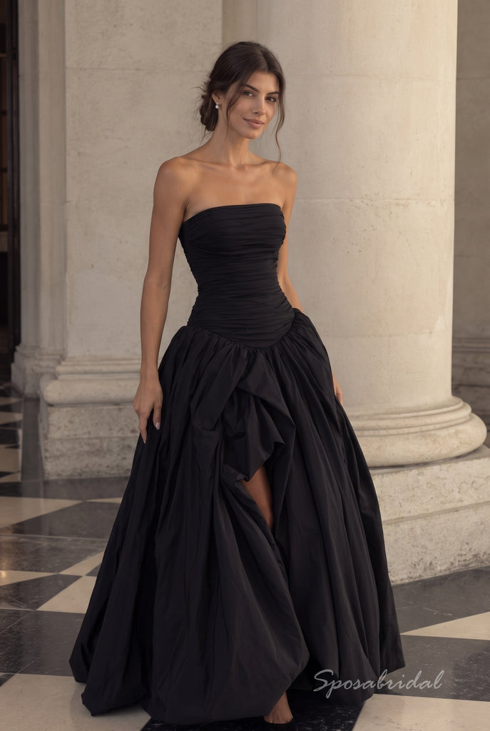 Black Strapless Ruched Bodice High Slit Ball Gown Floor Length Evening Dress,PD4319