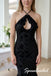 Black Floral Burnout Chiffon Ruffled Halter Keyhole Floor Length Mermaid Evening Gown, PD4292