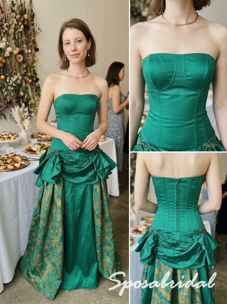 Emerald Green Satin Jacquard Strapless Corset Ruffled Floor Length A-Line Prom dress, PD4294