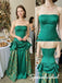 Emerald Green Satin Jacquard Strapless Corset Ruffled Floor Length A-Line Prom dress, PD4294