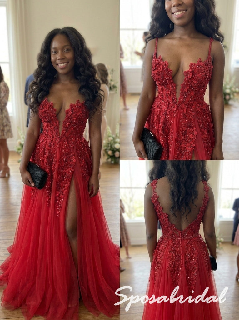 Red Tulle 3D Floral Beaded Deep V High Slit Floor Length A-Line Prom dress, PD4293