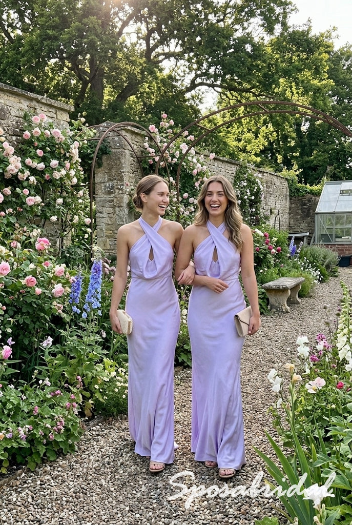 Lavender Satin Draped Halter Keyhole Floor Length Column Evening Gown, PD4296
