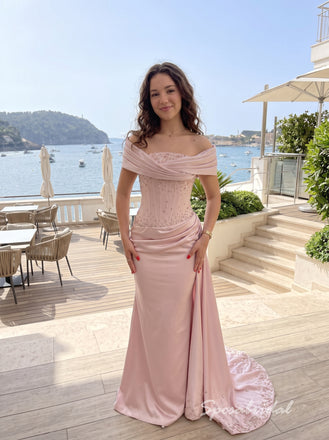 Blush Pink Beaded & Satin Off The Shoulder Corset Mermaid Floor Length Evening Dress,PD4327