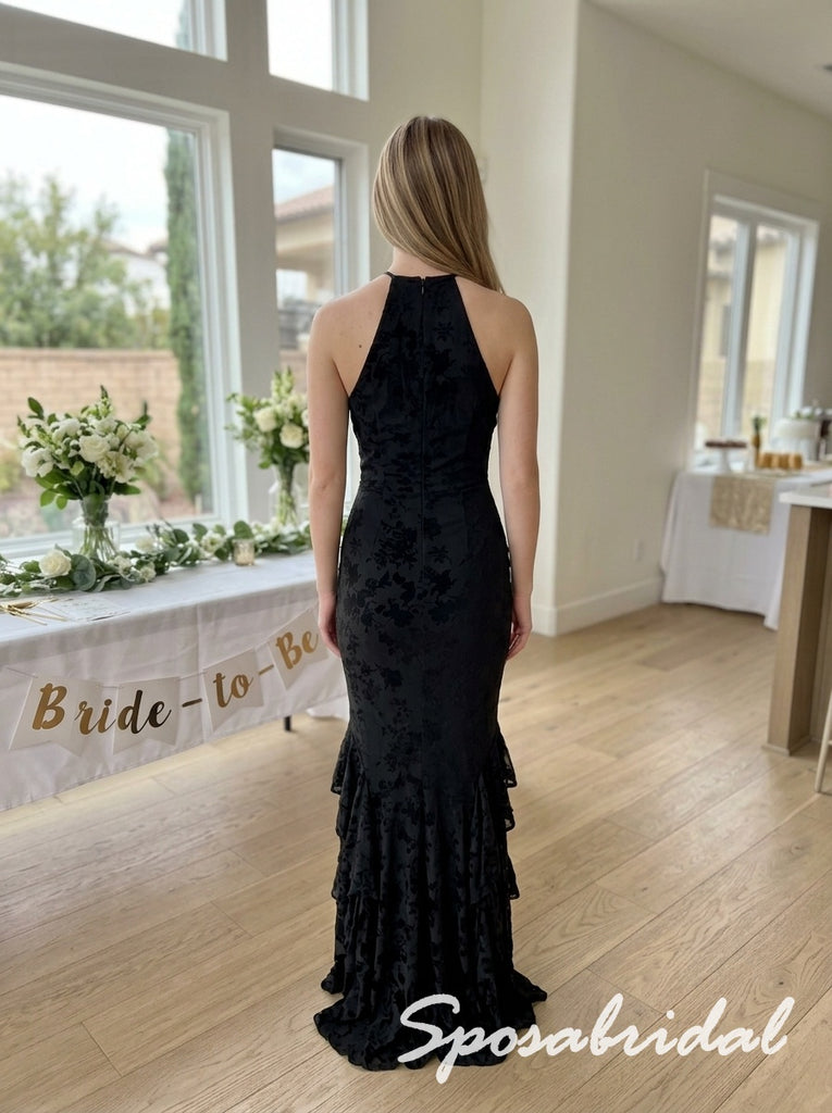 Black Floral Burnout Chiffon Ruffled Halter Keyhole Floor Length Mermaid Evening Gown, PD4292
