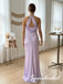 Lavender Satin Draped Halter Keyhole Floor Length Column Evening Gown, PD4296