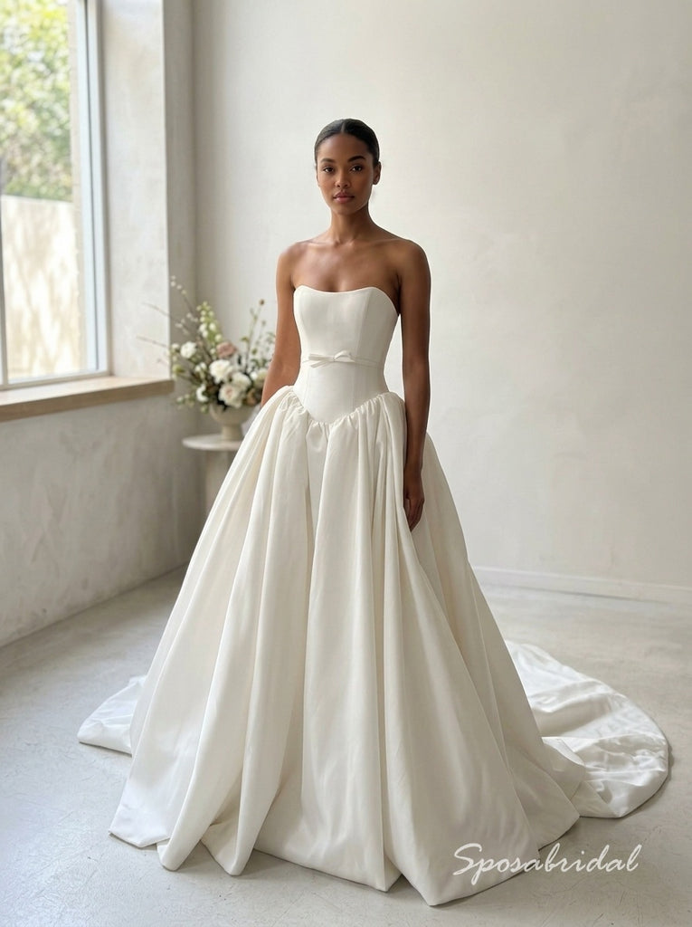 Strapless Satin Sweetheart Ball Gown Wedding Dress with Waist Bow ,WD3131