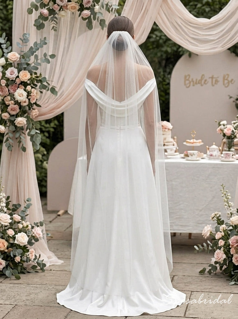 Off-The-Shoulder Draped Satin Sheath Wedding Dress,WD3134