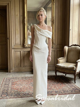 Glam Asymmetric Off The Shoulder Ivory Crepe Corset Mermaid Formal Wedding Dress,PD4308