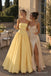 Yellow Satin Strapless Tube Neck High Waist Bubble Hem A-Line Floor Length Evening Dress,PD4317