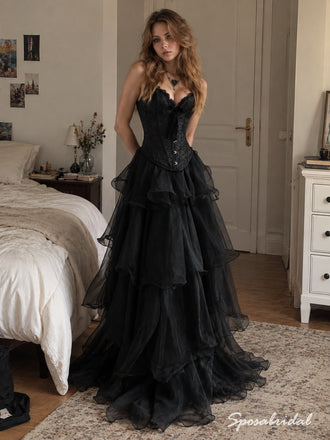 Black Sweetheart Corset Tulle Evening Dress, Strapless Tiered Ruffle Floor Length Gothic Gown,PD4345