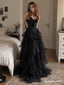 Black Sweetheart Corset Tulle Evening Dress, Strapless Tiered Ruffle Floor Length Gothic Gown,PD4345