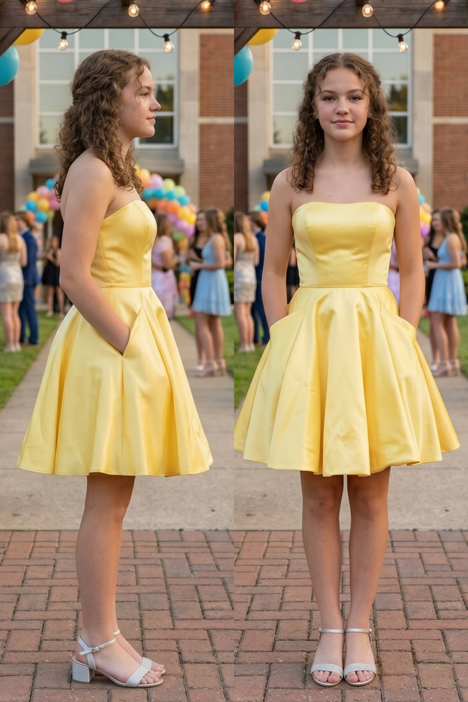 Simple Yellow Satin Strapless Short Homecoming Dress With Pockets, PD3681