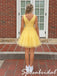 Bright Yellow Lace Tulle V-Neck Sleeveless A Line Short Homecoming Dress, PD3718