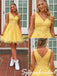 Bright Yellow Lace Tulle V-Neck Sleeveless A Line Short Homecoming Dress, PD3718