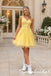 Bright Yellow Lace Tulle V-Neck Sleeveless A Line Short Homecoming Dress, PD3718