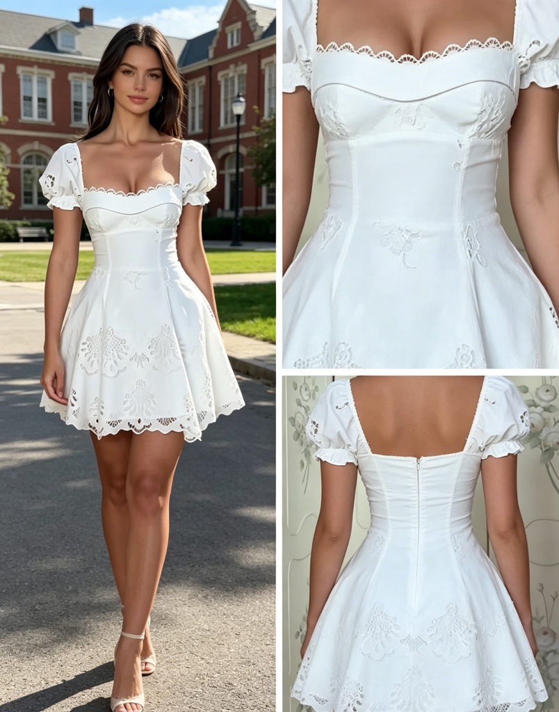 Elegant White Lace Puff Sleeve Homecoming Dress Fitted A Line, PD3677
