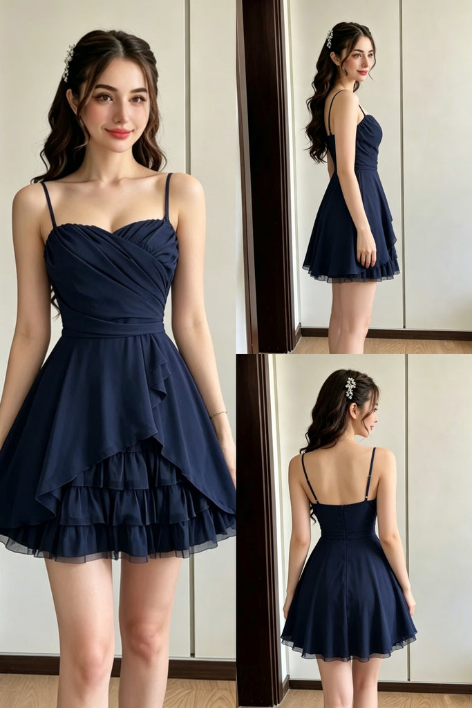 Simple Navy Blue Spaghetti Strap Chiffon Tiered Homecoming Dress, PD3680