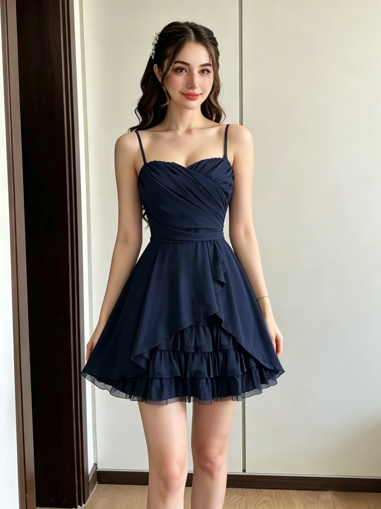 Simple Navy Blue Spaghetti Strap Chiffon Tiered Homecoming Dress, PD3680