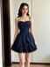 Simple Navy Blue Spaghetti Strap Chiffon Tiered Homecoming Dress, PD3680