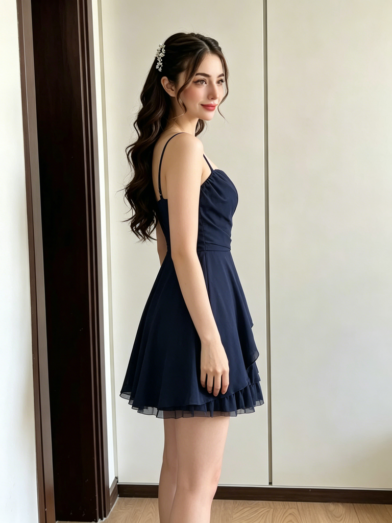 Simple Navy Blue Spaghetti Strap Chiffon Tiered Homecoming Dress, PD3680