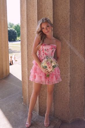 Strapless Pink Floral Print Tiered Ruffle A-Line Homecoming Dress, PD3682